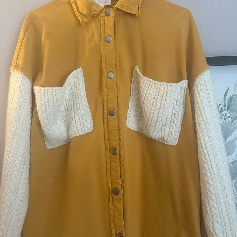 ODDY Oversized Mustard Button Up Shirt With Knitted Sleeves and Pockets - Picture 2 of 5
